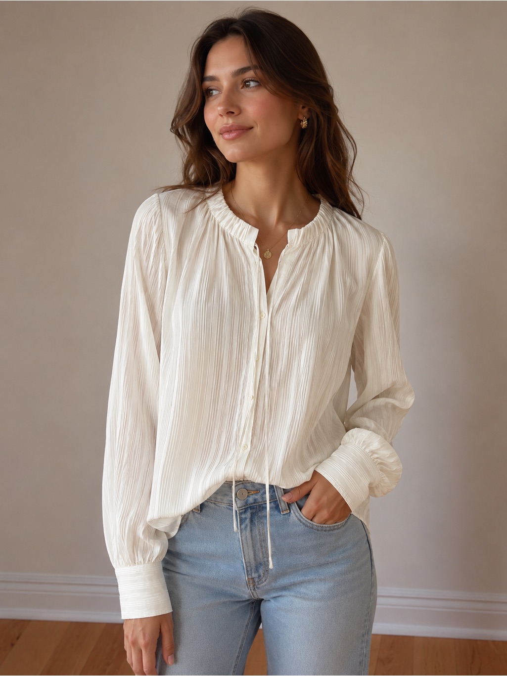 Frame Denim Cream Pleated Long-Sleeve Blouse Silk Top Shirt Button Vintage